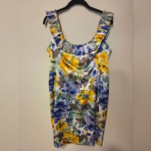 Maggy London Floral Mini Dress in Blue and Yellow Ruffle Neckline Size 10P